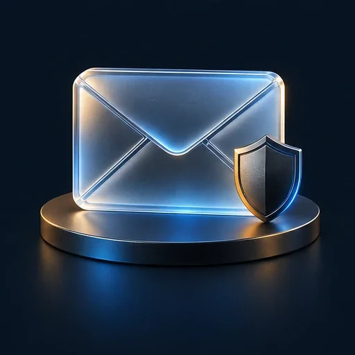 Ilustración 3D de un sobre de correo protegido por un escudo